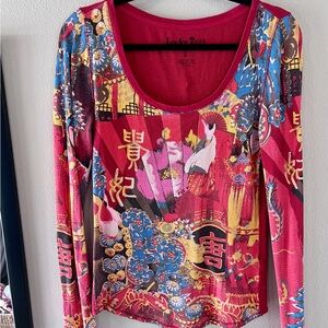 Vintage Lucky Brand Lucky Tees Red Asian Print Waffle Long Sleeve Tee Size L